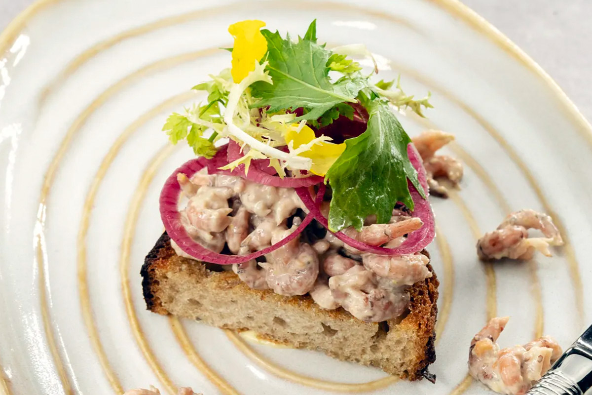 Ein Stück Brot belegt mit Krabben, Zwiebeln und frischem Salat auf einem Teller.